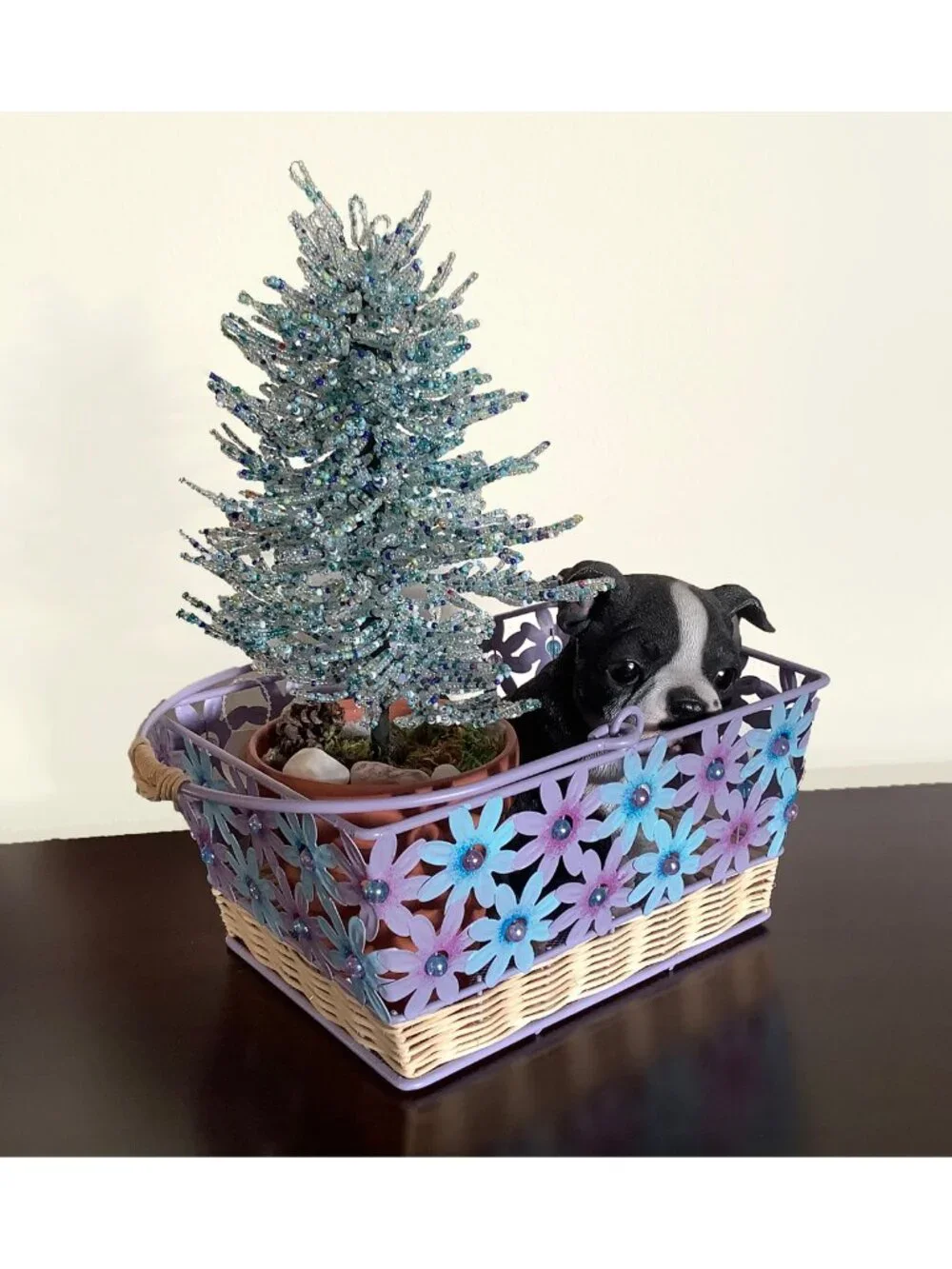 GUC Lavender & Blue Floral Handled Metal Basket with Irridescent Bead Accents